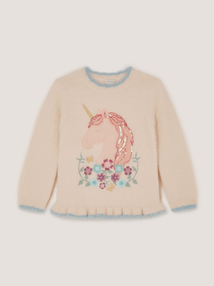 Monsoon Cream Embellished Unicorn Fluffy Knit Jumper - Image 1 of 3