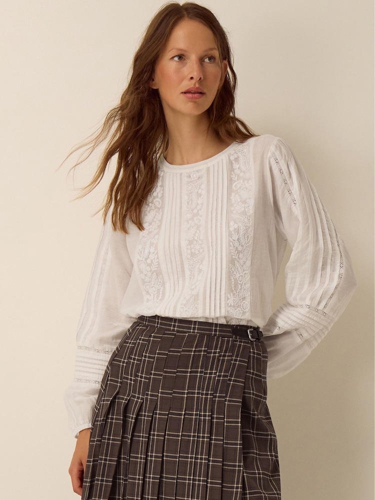 Monsoon White Vita Floral Embroidered Pintuck Top - Image 2 of 5 Monsoon White Vita Floral Embroidered Pintuck Top - Image 2 of 5