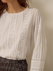 Monsoon White Vita Floral Embroidered Pintuck Top - Image 5 of 5