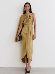 Reiss Gold Clodagh Satin Side-Cape Draped Midi Dress - Image 1 of 7