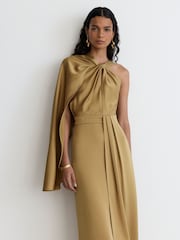 Reiss Gold Clodagh Satin Side-Cape Draped Midi Dress - Image 3 of 7