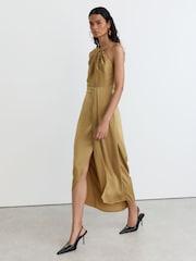 Reiss Gold Clodagh Satin Side-Cape Draped Midi Dress - Image 6 of 7