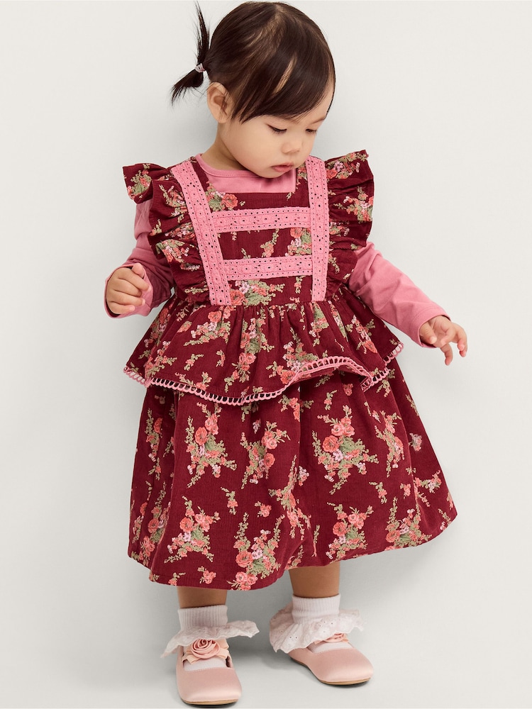Monsoon Red Baby Top & Floral Corduroy Dress Set - Image 1 of 4 Monsoon Red Baby Top & Floral Corduroy Dress Set - Image 1 of 4