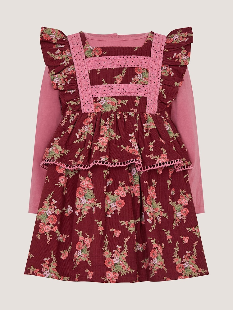 Monsoon Red Baby Top & Floral Corduroy Dress Set - Image 2 of 4 Monsoon Red Baby Top & Floral Corduroy Dress Set - Image 2 of 4