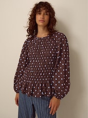 Monsoon Brown Shae Smocked Polka Dot Jersey Top - Image 1 of 4