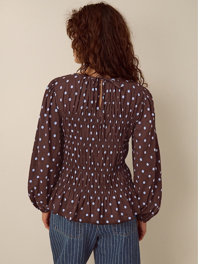 Monsoon Brown Shae Smocked Polka Dot Jersey Top - Image 2 of 4