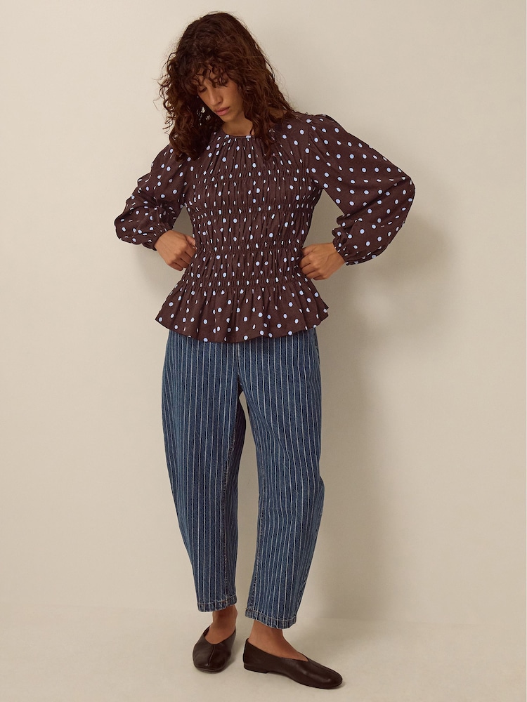 Monsoon Brown Shae Smocked Polka Dot Jersey Top - Image 4 of 4