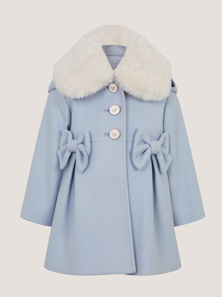 Monsoon Blue Baby Bow Faux Fur Collar Coat - Image 1 of 4