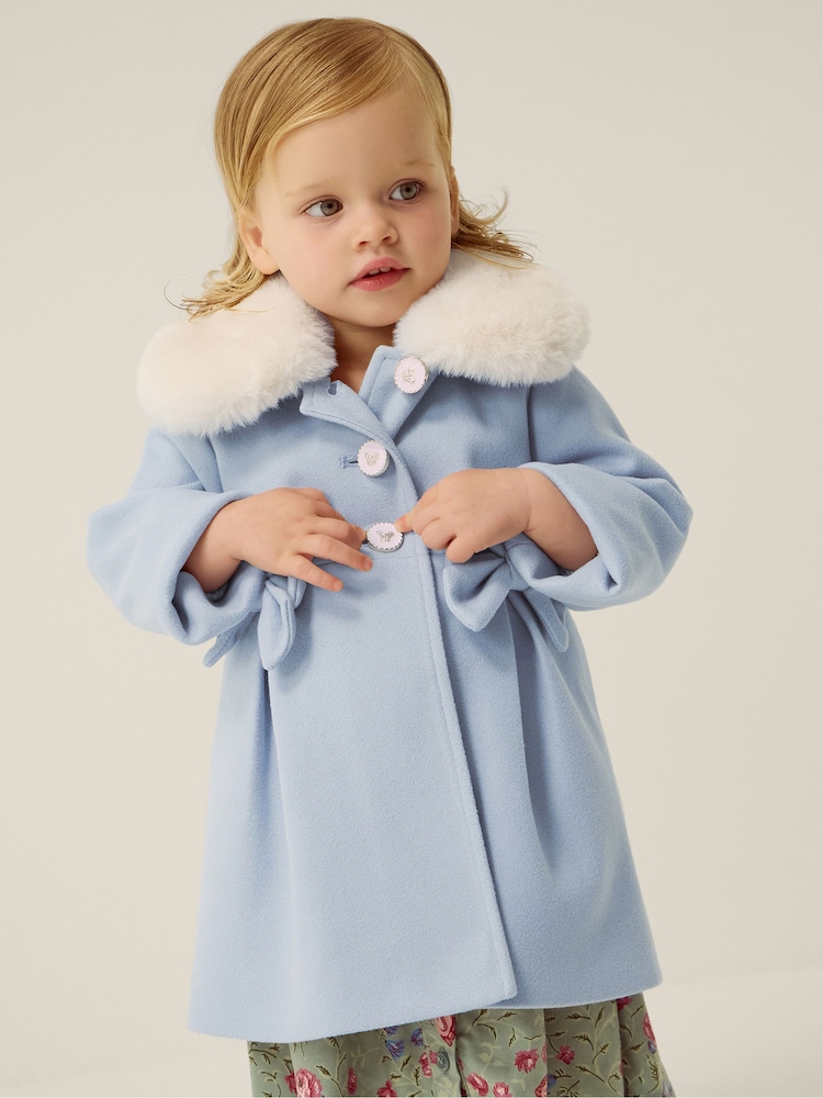 Monsoon Blue Baby Bow Faux Fur Collar Coat - Image 4 of 4