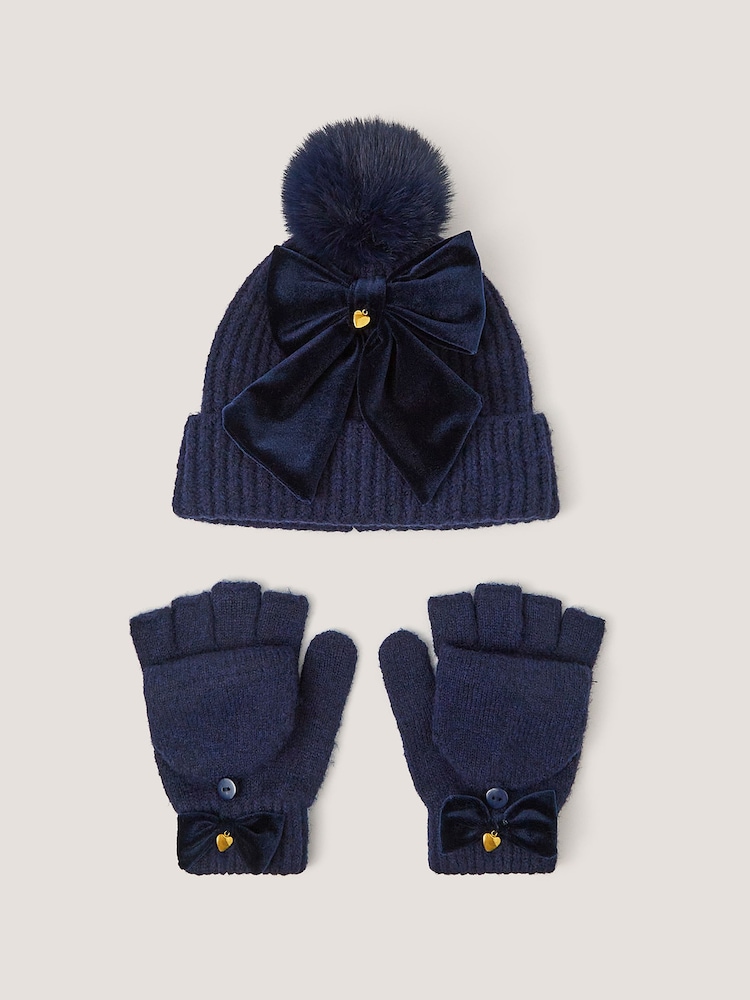 Monsoon Blue Bow Bobble Hat & Gloves Set - Image 1 of 3