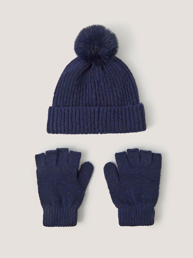 Monsoon Blue Bow Bobble Hat & Gloves Set - Image 2 of 3