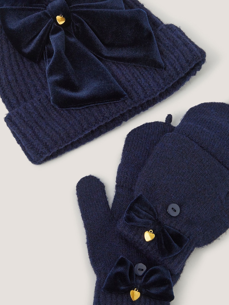 Monsoon Blue Bow Bobble Hat & Gloves Set - Image 3 of 3
