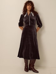 Monsoon Brown Leith Lace Collar Velvet Midi Dress - Image 1 of 4