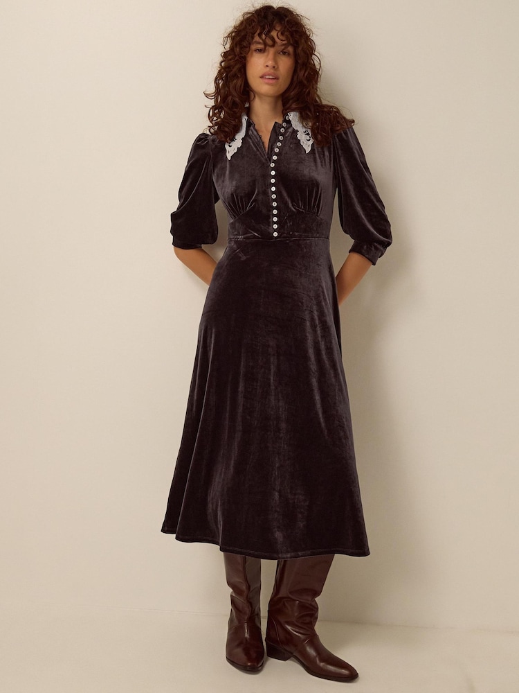 Monsoon Brown Leith Lace Collar Velvet Midi Dress - Image 1 of 4 Monsoon Brown Leith Lace Collar Velvet Midi Dress - Image 1 of 4