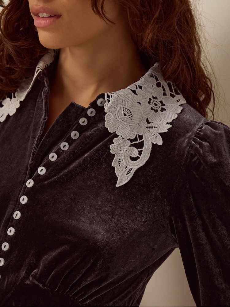 Monsoon Brown Leith Lace Collar Velvet Midi Dress - Image 2 of 4 Monsoon Brown Leith Lace Collar Velvet Midi Dress - Image 2 of 4