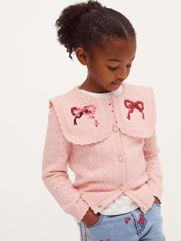 Monsoon Pink Sequin Bow Pointelle Cardigan - Image 1 of 4 Monsoon Pink Sequin Bow Pointelle Cardigan - Image 1 of 4