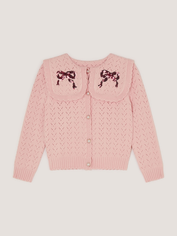 Monsoon Pink Sequin Bow Pointelle Cardigan - Image 2 of 4 Monsoon Pink Sequin Bow Pointelle Cardigan - Image 2 of 4