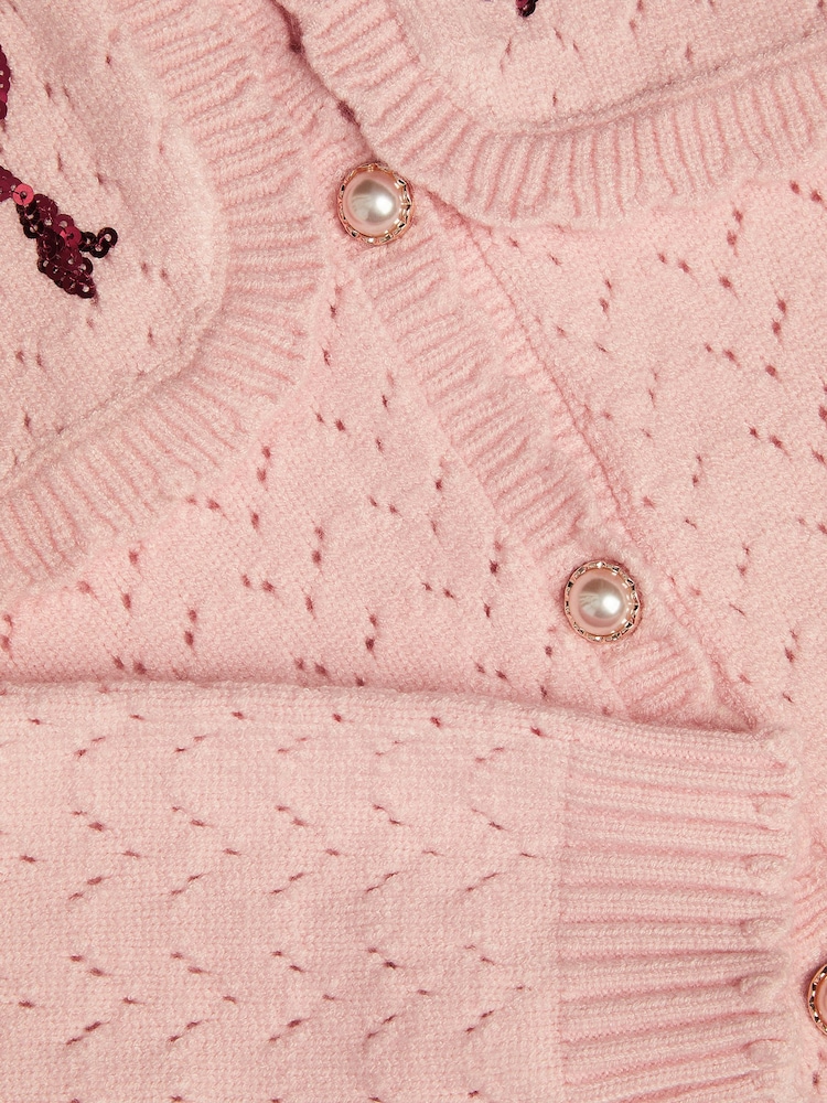 Monsoon Pink Sequin Bow Pointelle Cardigan - Image 4 of 4 Monsoon Pink Sequin Bow Pointelle Cardigan - Image 4 of 4