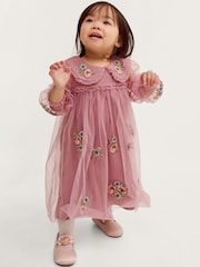 Monsoon Pink Floral Embroidered Mesh Dress - Image 1 of 4