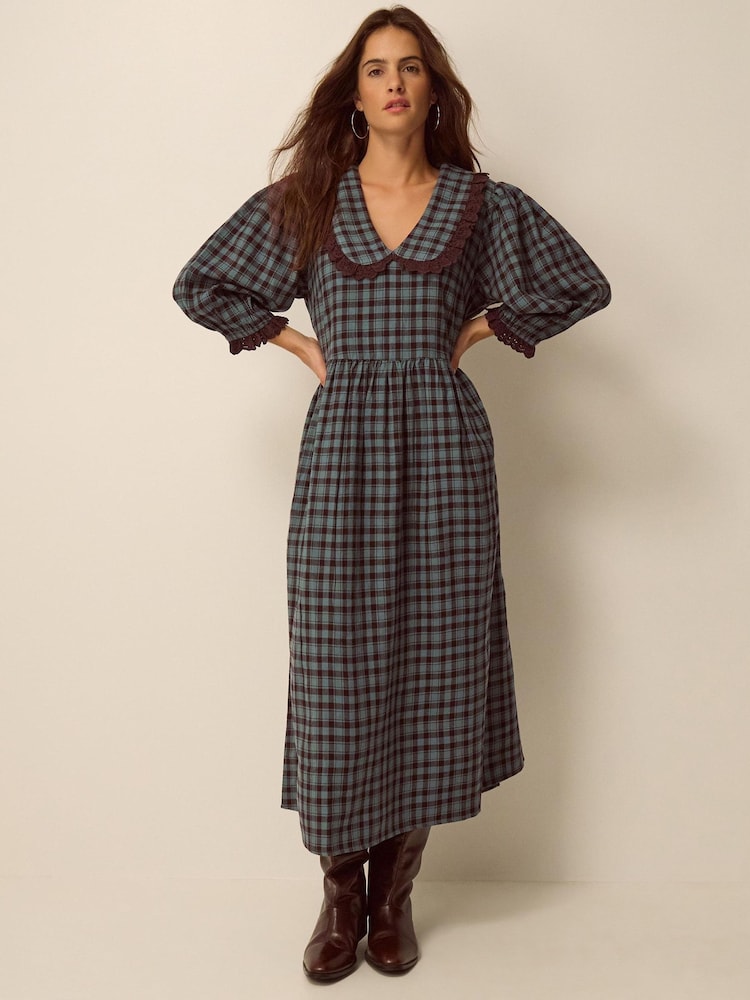 Monsoon Blue Ruby Collar Check Print Midi Dress - Image 1 of 3 Monsoon Blue Ruby Collar Check Print Midi Dress - Image 1 of 3