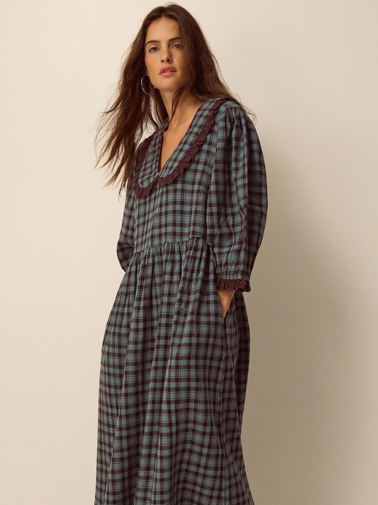 Monsoon Blue Ruby Collar Check Print Midi Dress - Image 3 of 3 Monsoon Blue Ruby Collar Check Print Midi Dress - Image 3 of 3