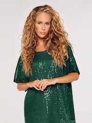Apricot Emerald Green Sequin Rain Short Sleeve Top - Image 1 of 4