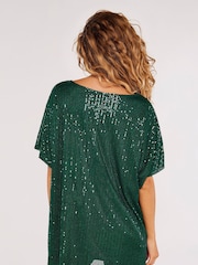 Apricot Emerald Green Sequin Rain Short Sleeve Top - Image 2 of 4