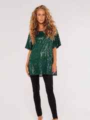 Apricot Emerald Green Sequin Rain Short Sleeve Top - Image 3 of 4