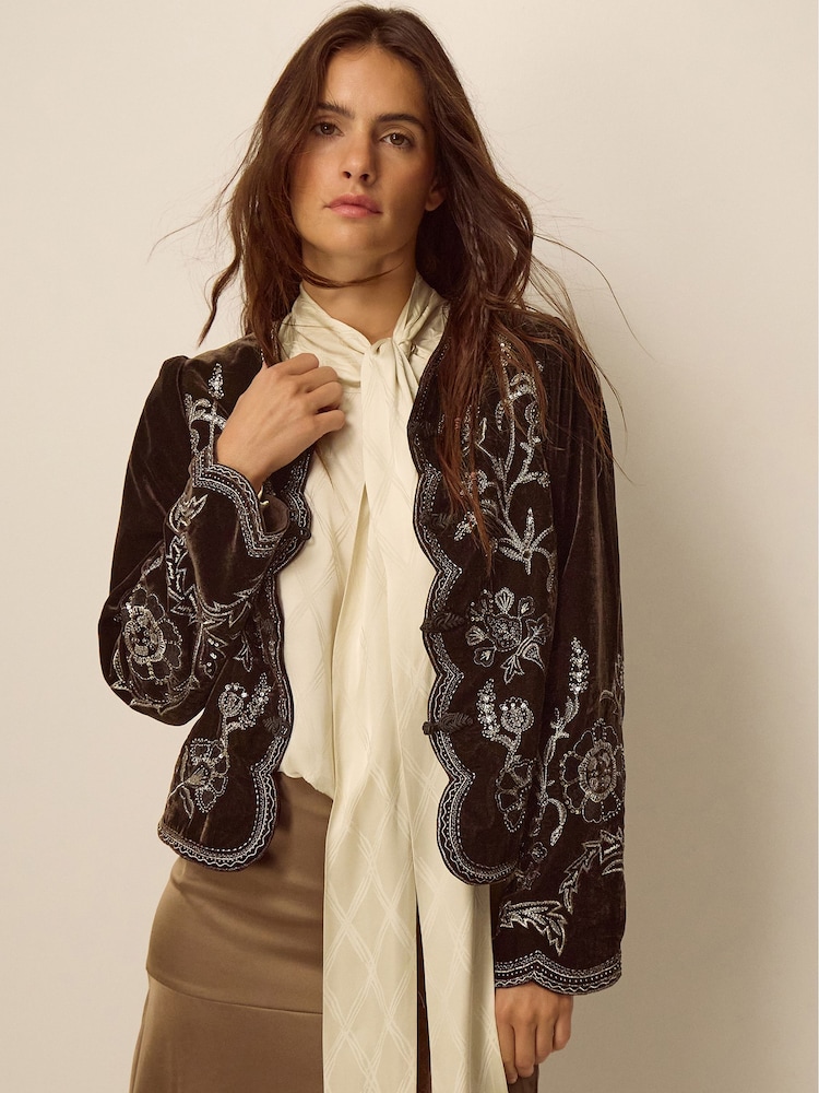 Monsoon Brown Julia Embellished Velvet Jacket - Image 1 of 4 Monsoon Brown Julia Embellished Velvet Jacket - Image 1 of 4