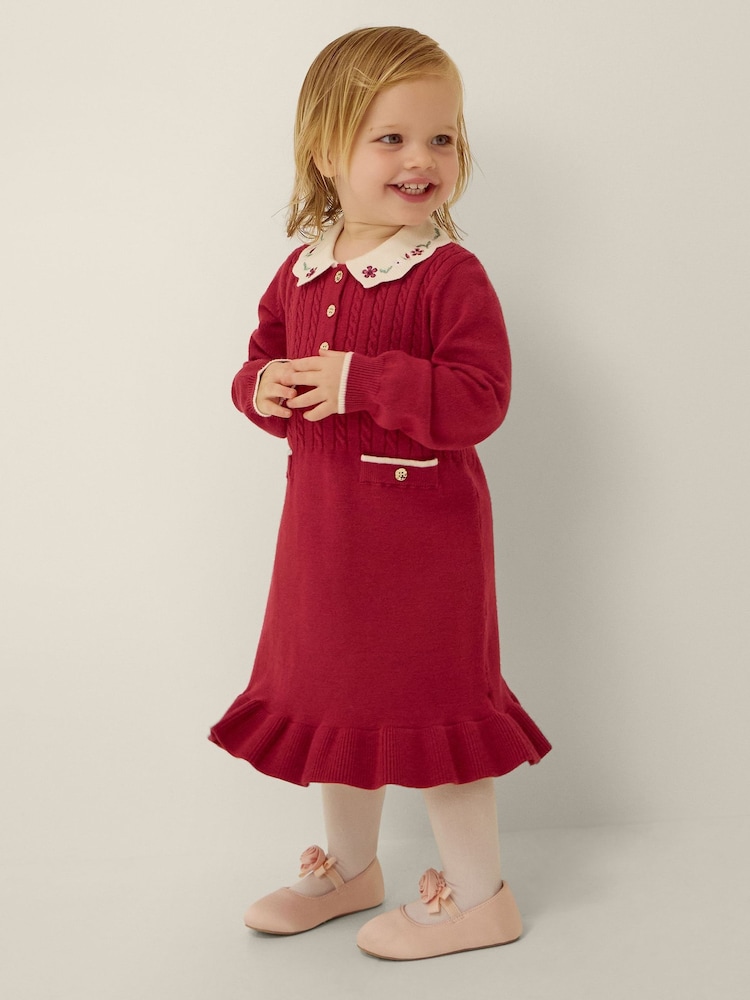 Monsoon Red Baby Embroidered Cable Knit Dress - Image 1 of 4 Monsoon Red Baby Embroidered Cable Knit Dress - Image 1 of 4