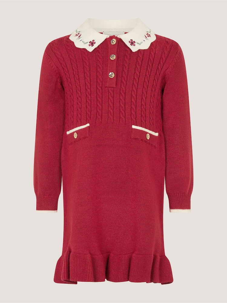 Monsoon Red Baby Embroidered Cable Knit Dress - Image 2 of 4 Monsoon Red Baby Embroidered Cable Knit Dress - Image 2 of 4