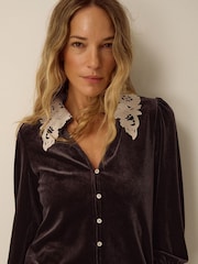 Monsoon Brown Leith Lace Collar Velvet Shirt - Image 2 of 5