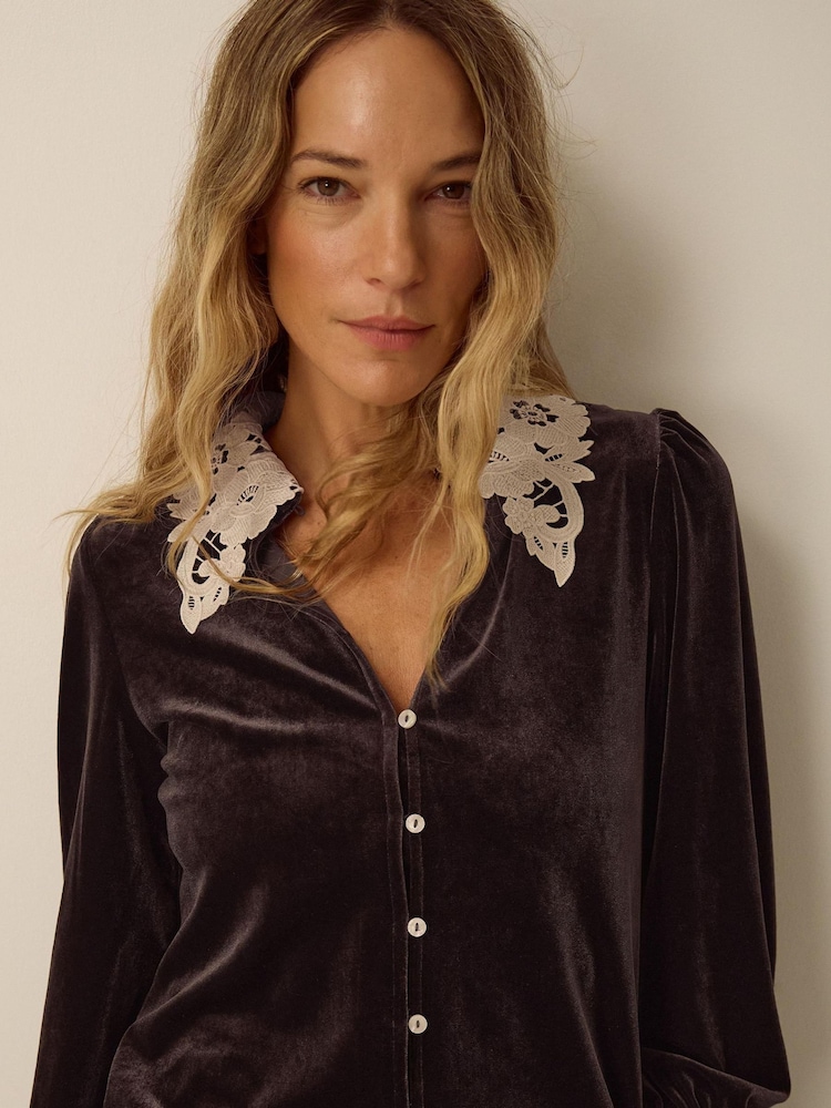 Monsoon Brown Leith Lace Collar Velvet Shirt - Image 2 of 5 Monsoon Brown Leith Lace Collar Velvet Shirt - Image 2 of 5