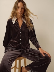 Monsoon Brown Leith Lace Collar Velvet Shirt - Image 4 of 5