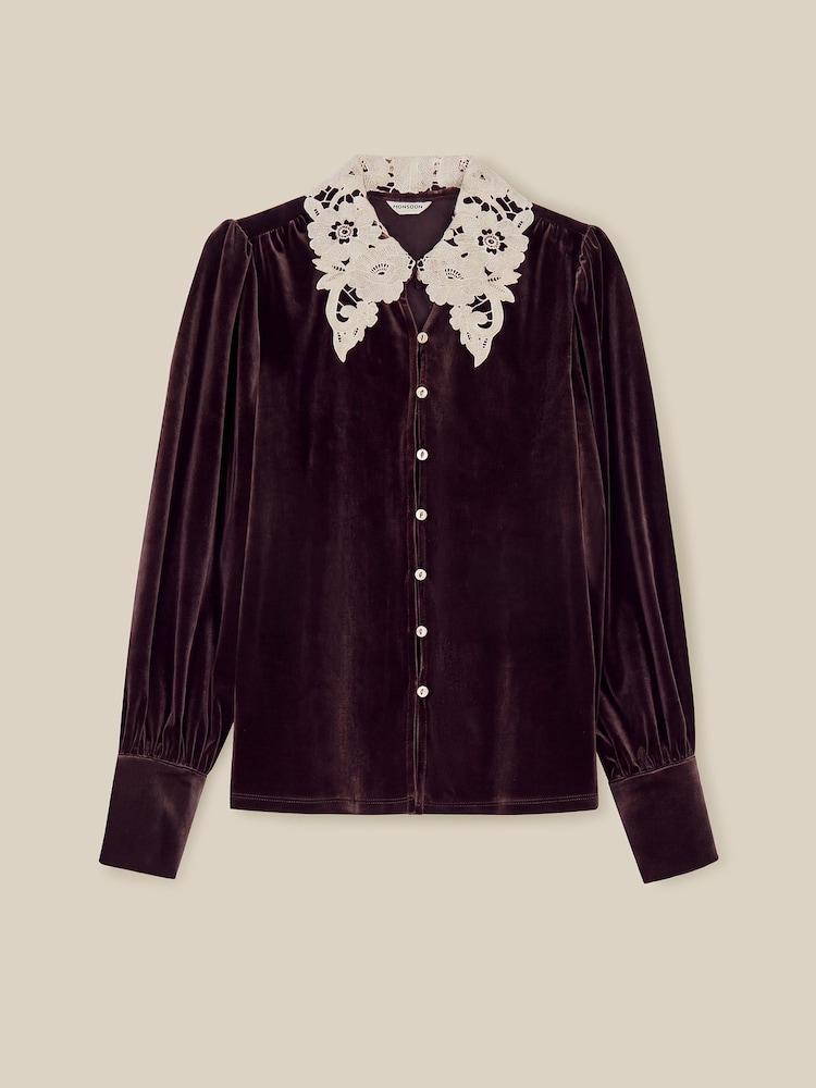 Monsoon Brown Leith Lace Collar Velvet Shirt - Image 5 of 5 Monsoon Brown Leith Lace Collar Velvet Shirt - Image 5 of 5