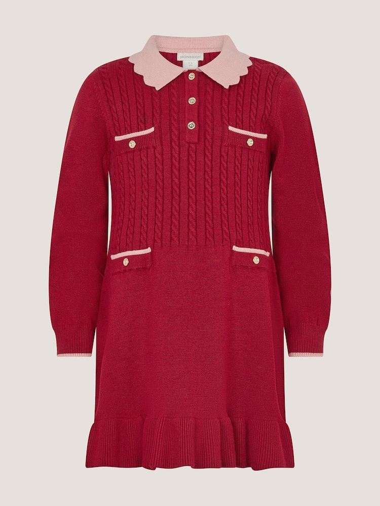 Monsoon Red Scallop Collar Cable Knit Dress - Image 2 of 4 Monsoon Red Scallop Collar Cable Knit Dress - Image 2 of 4