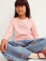 Monsoon Pink Sequin Bow Long Sleeve Top - Image 1 of 4
