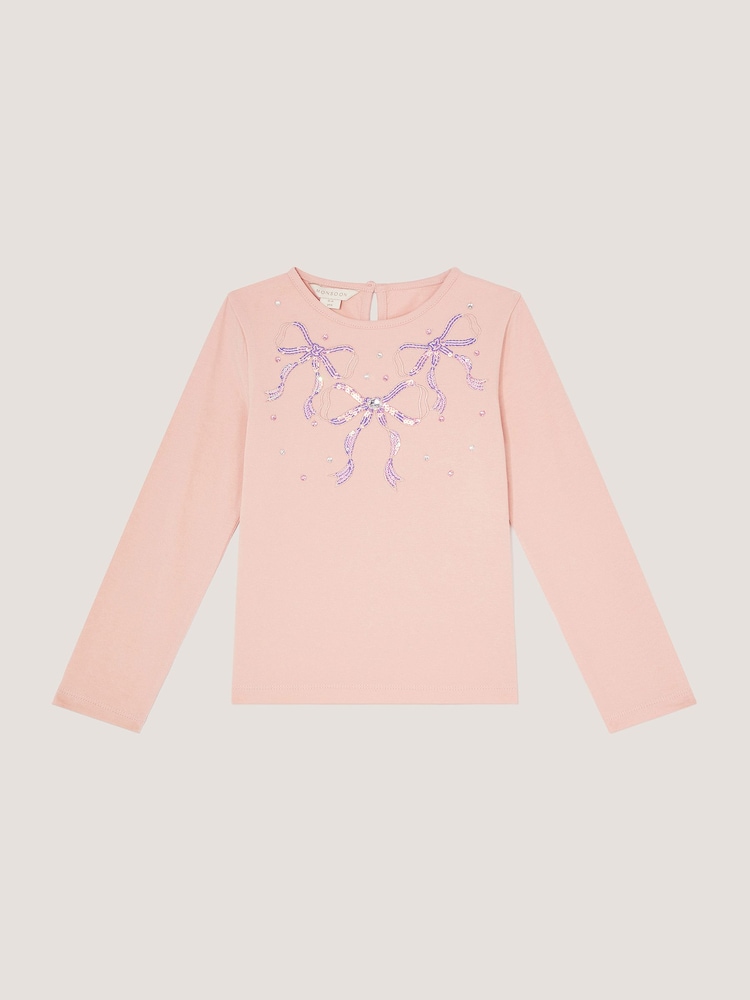 Monsoon Pink Sequin Bow Long Sleeve Top - Image 2 of 4