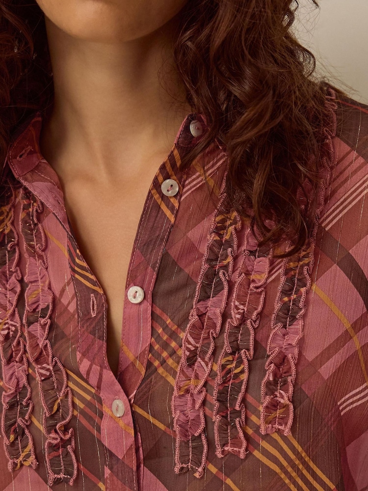 Monsoon Pink Melinda Ruffle Check Shirt - Image 2 of 5 Monsoon Pink Melinda Ruffle Check Shirt - Image 2 of 5