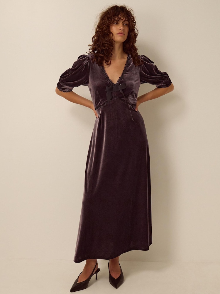 Monsoon Brown Vera V-Neck Velvet Midi Dress - Image 1 of 3 Monsoon Brown Vera V-Neck Velvet Midi Dress - Image 1 of 3