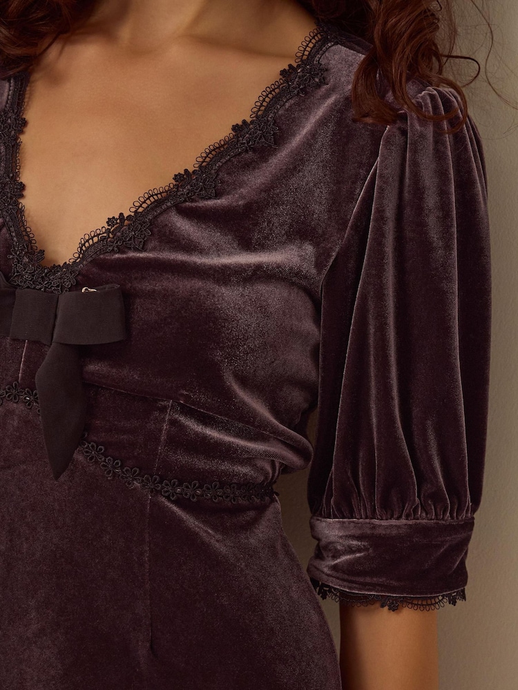 Monsoon Brown Vera V-Neck Velvet Midi Dress - Image 2 of 3 Monsoon Brown Vera V-Neck Velvet Midi Dress - Image 2 of 3