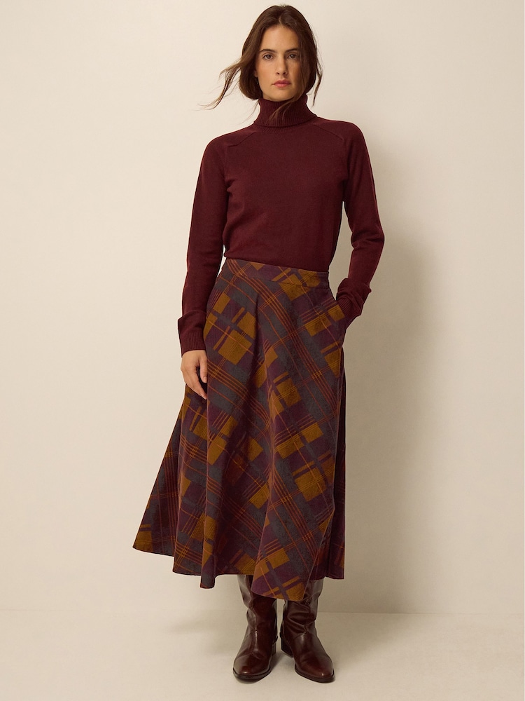 Monsoon Brown Melinda Check Print Corduroy Midi Skirt - Image 1 of 5