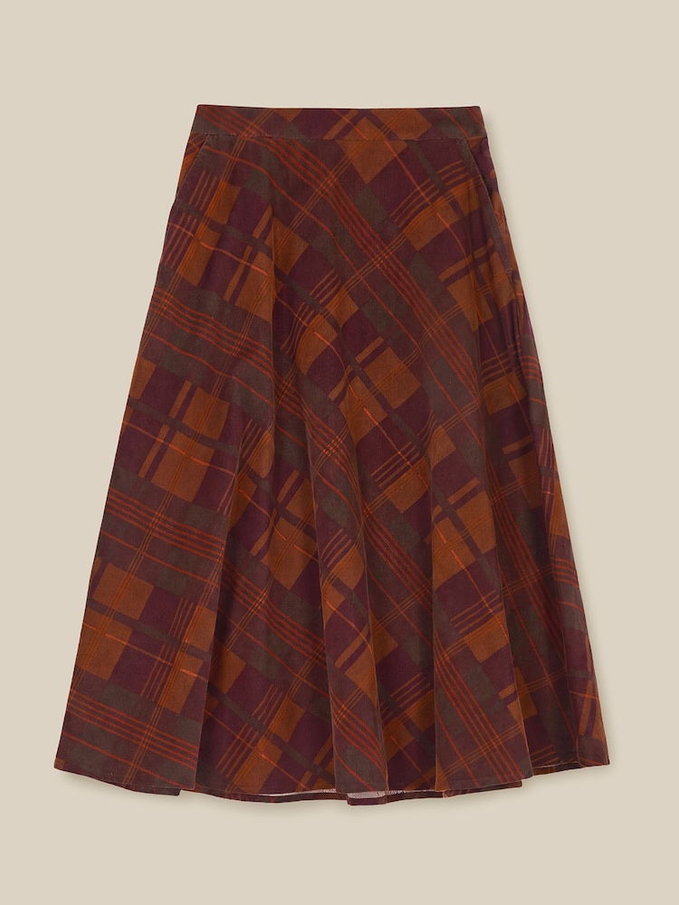 Monsoon Brown Melinda Check Print Corduroy Midi Skirt - Image 5 of 5