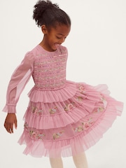 Monsoon Pink Sequin Embroidered Ruffle Mesh Dress - Image 1 of 4