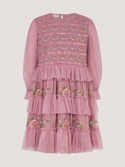 Monsoon Pink Sequin Embroidered Ruffle Mesh Dress - Image 2 of 4