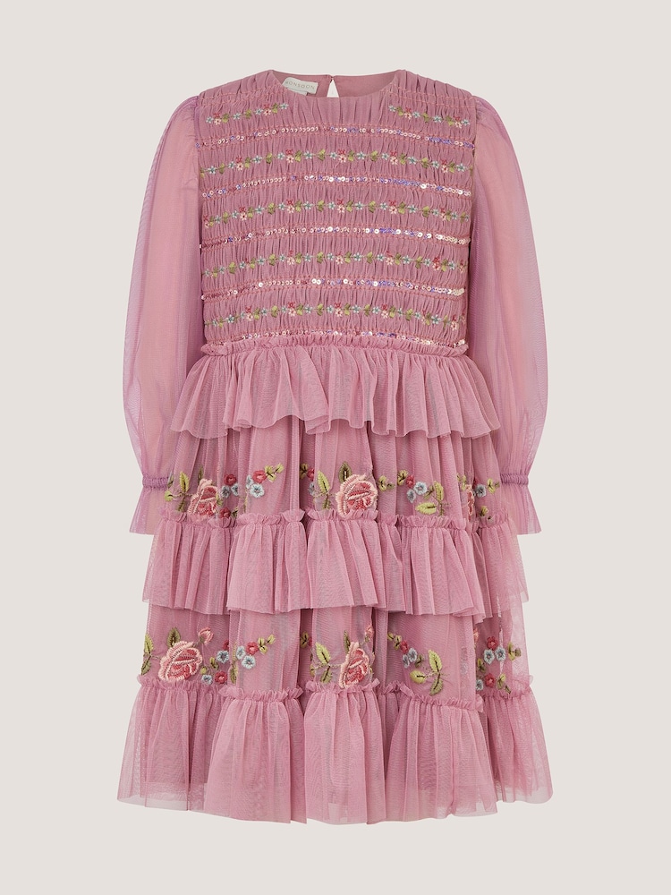 Monsoon Pink Sequin Embroidered Ruffle Mesh Dress - Image 2 of 4 Monsoon Pink Sequin Embroidered Ruffle Mesh Dress - Image 2 of 4