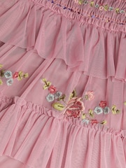 Monsoon Pink Sequin Embroidered Ruffle Mesh Dress - Image 4 of 4