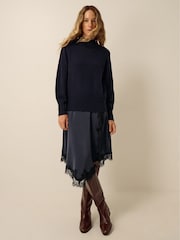 Monsoon Blue Suzy Lace Satin Midi Dress - Image 1 of 4