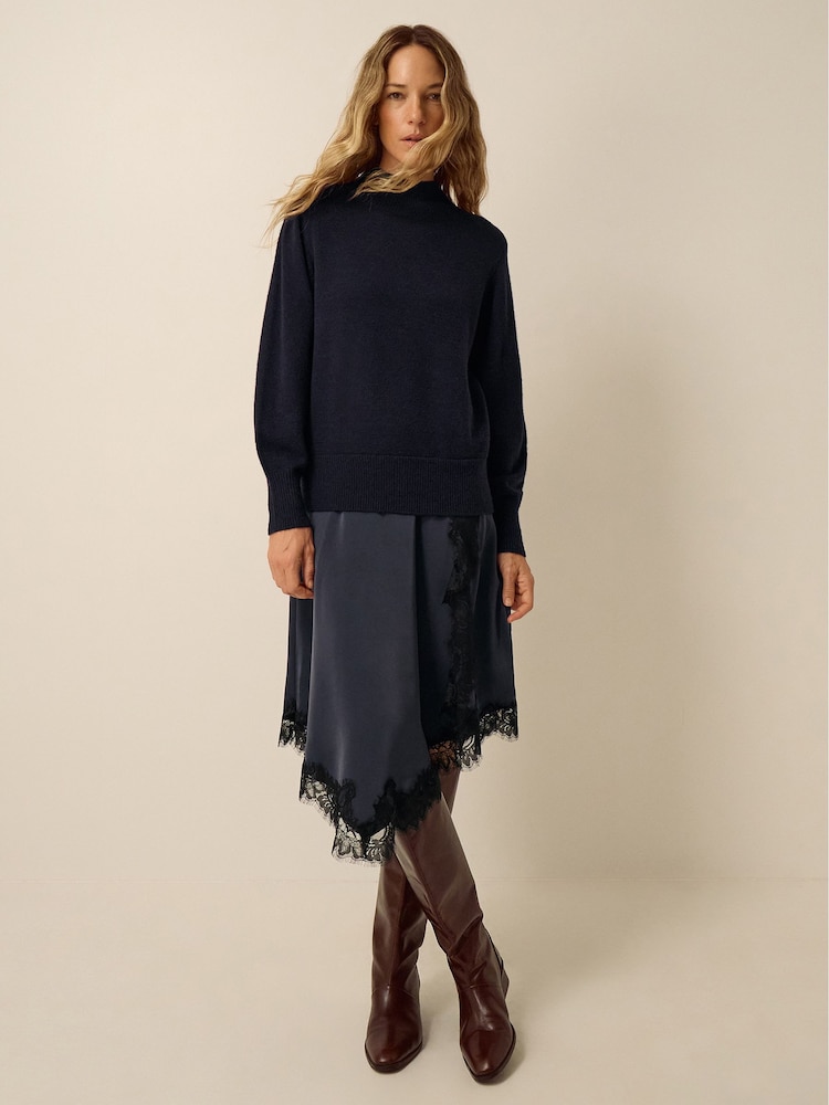 Monsoon Blue Suzy Lace Satin Midi Dress - Image 1 of 4
