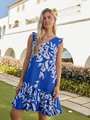 Blue/White Ruffle Sleeve V-Neck Linen Blend Summer Dress - Image 1 of 6